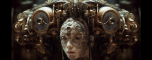 In style of Yohichi Nishikawa, a young girl exploring a forest filled with fantastical mandelbulb animals, quantum circuitry, pastel splash, intricate machinery , pale moody atmosphere, baroque, high detail, emotional detailed cyberpunk