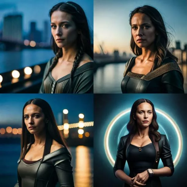 A 4 blocks image representing 4 different images of a modern analog future Mona Lisa in a cyberpunk style made with AI