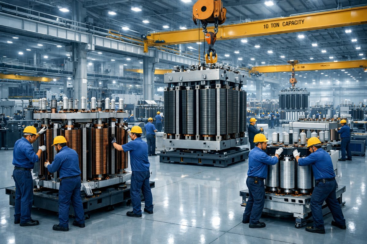 Transformer manufacturing floor: technicians in protective gear assembling core and winding assemblies