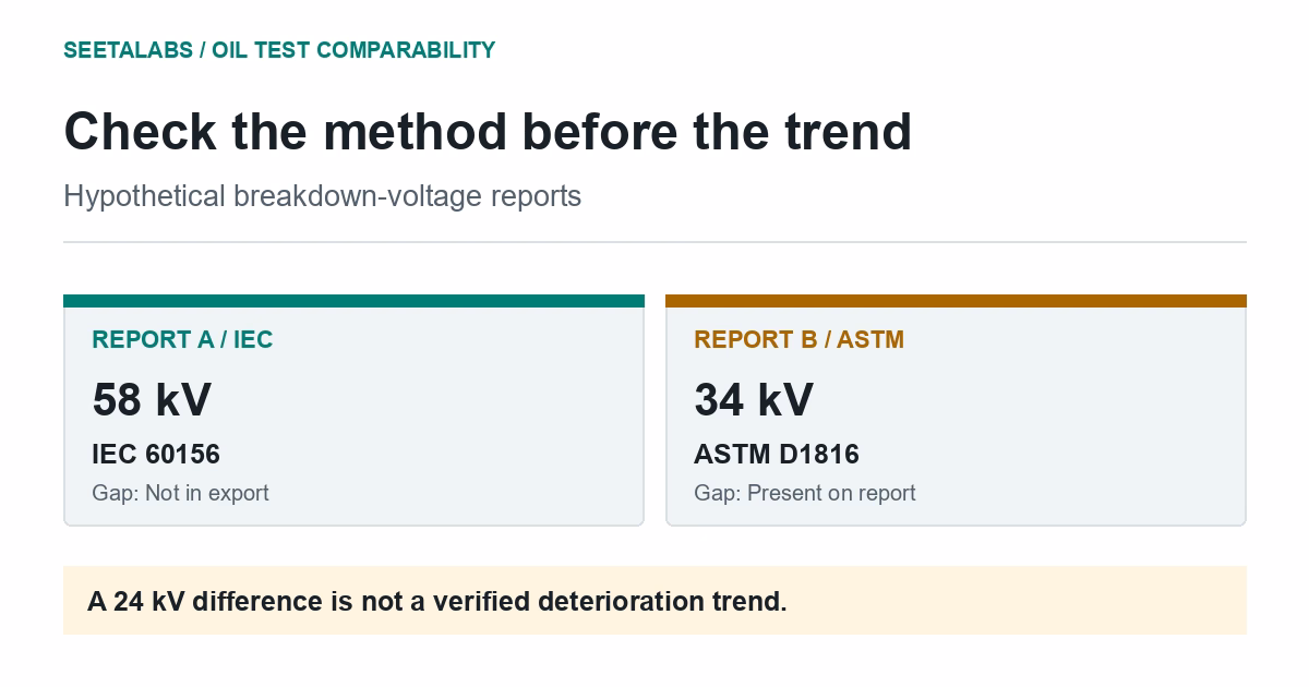 Fictional breakdown-voltage reports show 58 kV by IEC 60156 and 34 kV by ASTM D1816; the apparent difference is not a verified trend.