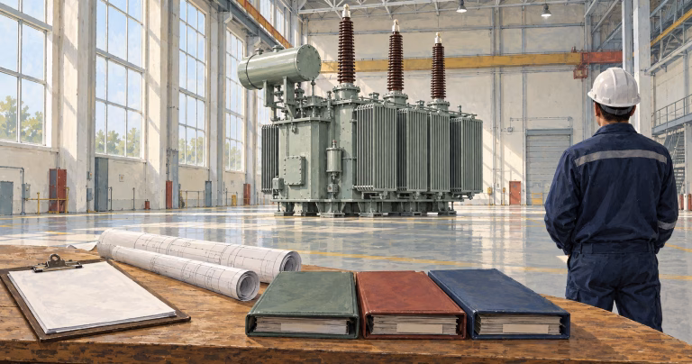 AI-generated painted illustration of a transformer in a factory hall with record folders, a clipboard and rolled drawings in the foreground.