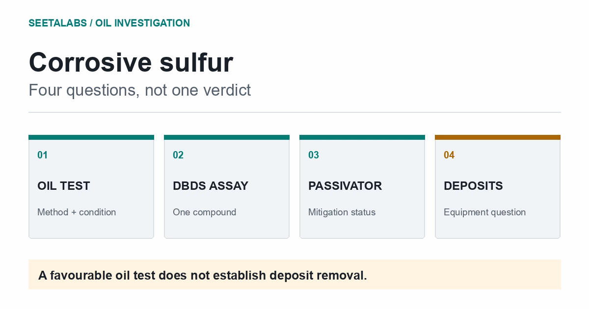 Four separate corrosive-sulfur questions: oil test, DBDS assay, passivator status and equipment deposits.