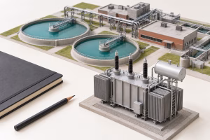 AI-generated illustration of a transformer model in front of a miniature treatment plant, with a pencil and notebook on the table.