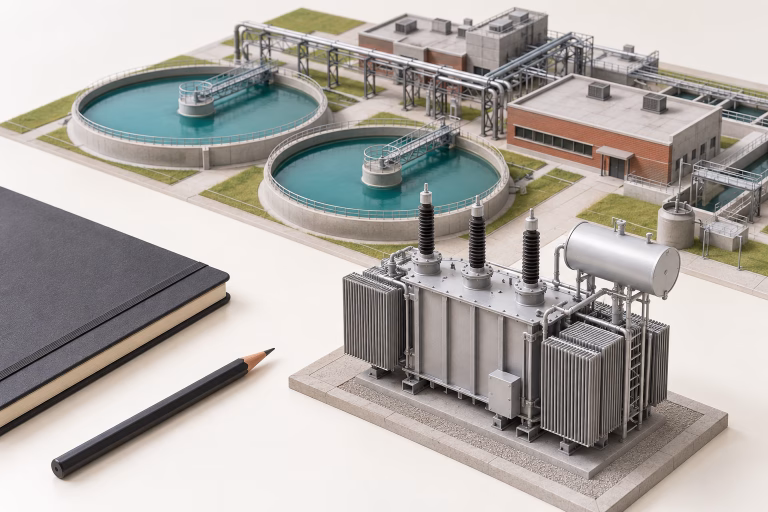 AI-generated illustration of a transformer model in front of a miniature treatment plant, with a pencil and notebook on the table.