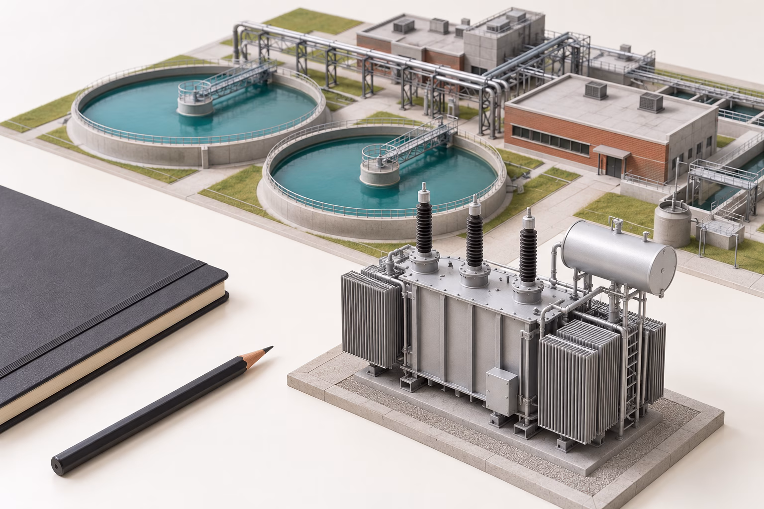 AI-generated illustration of a transformer model in front of a miniature treatment plant, with a pencil and notebook on the table.