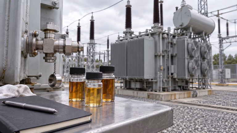 Three transformer oil samples beside a sampling valve, with a power transformer in the background