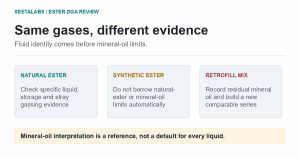 Natural ester, synthetic ester and retrofill mixture records shown as separate checks before DGA interpretation.