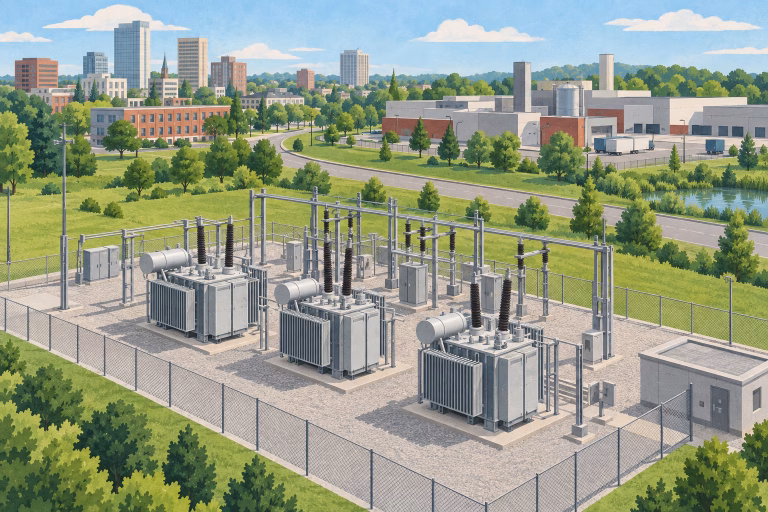 AI-generated illustration of three transformers in a fenced substation, with industrial and urban buildings in the background.
