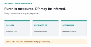 Oil 2-FAL measurement, correlation-derived DP estimate and specimen-measured DP shown as three different kinds of evidence.