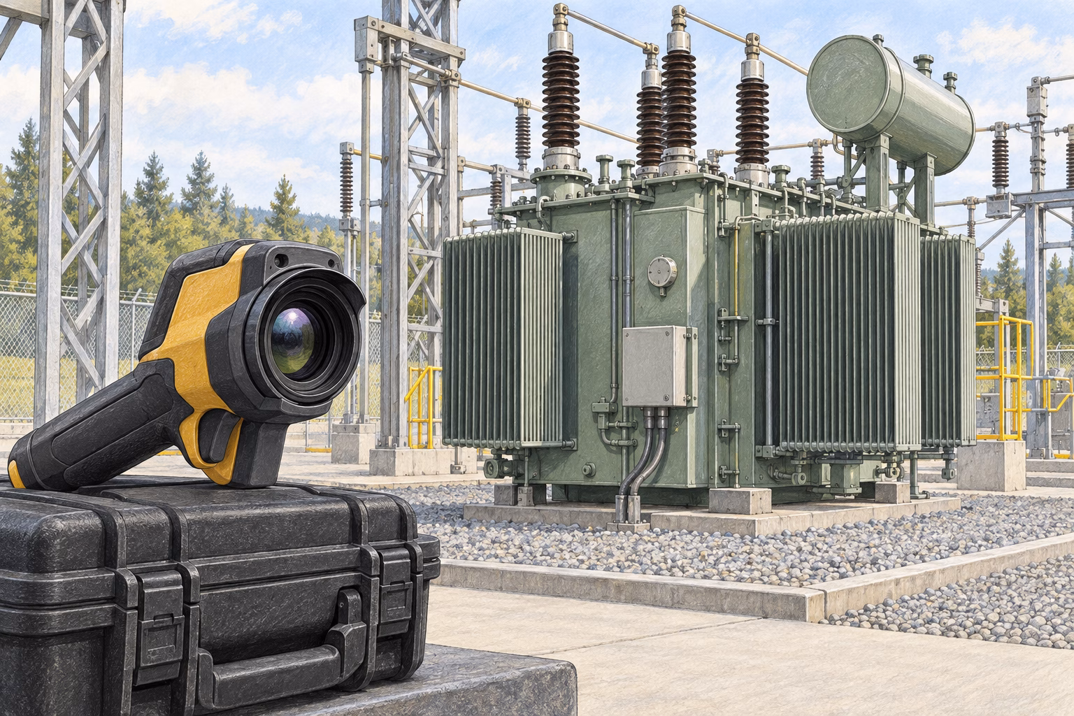 AI-generated illustration of an infrared camera resting on a field case, with a grey-green transformer and cooling radiators behind it.