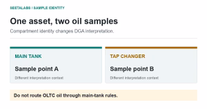 One transformer asset ID leads to separate main-tank and tap-changer oil sample points.