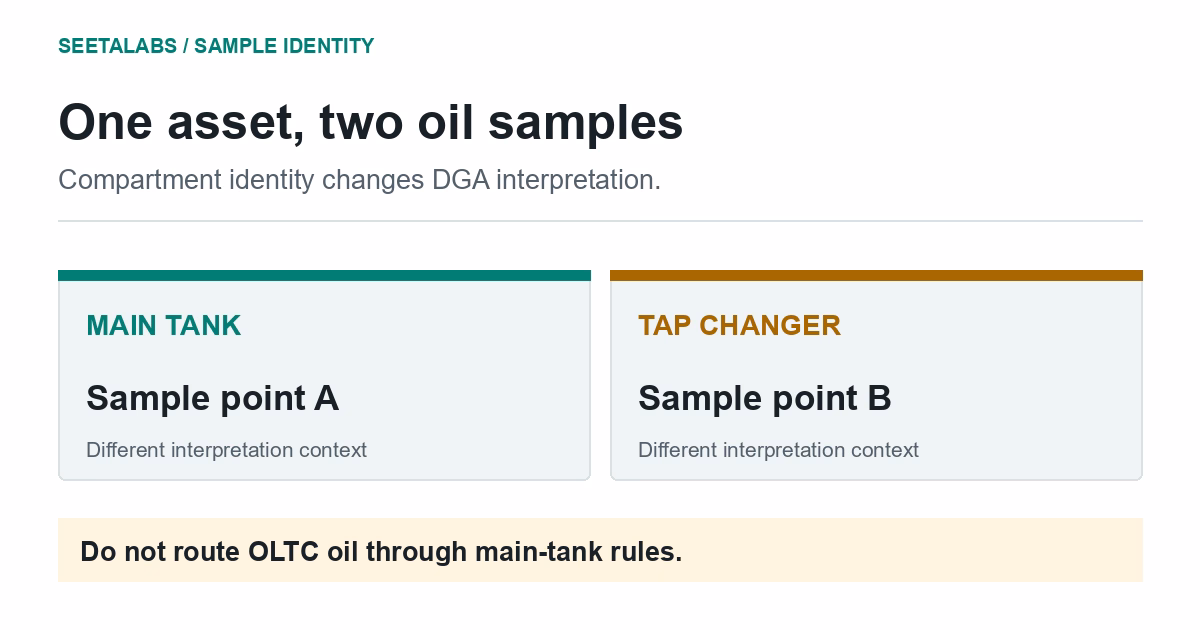 One transformer asset ID leads to separate main-tank and tap-changer oil sample points.
