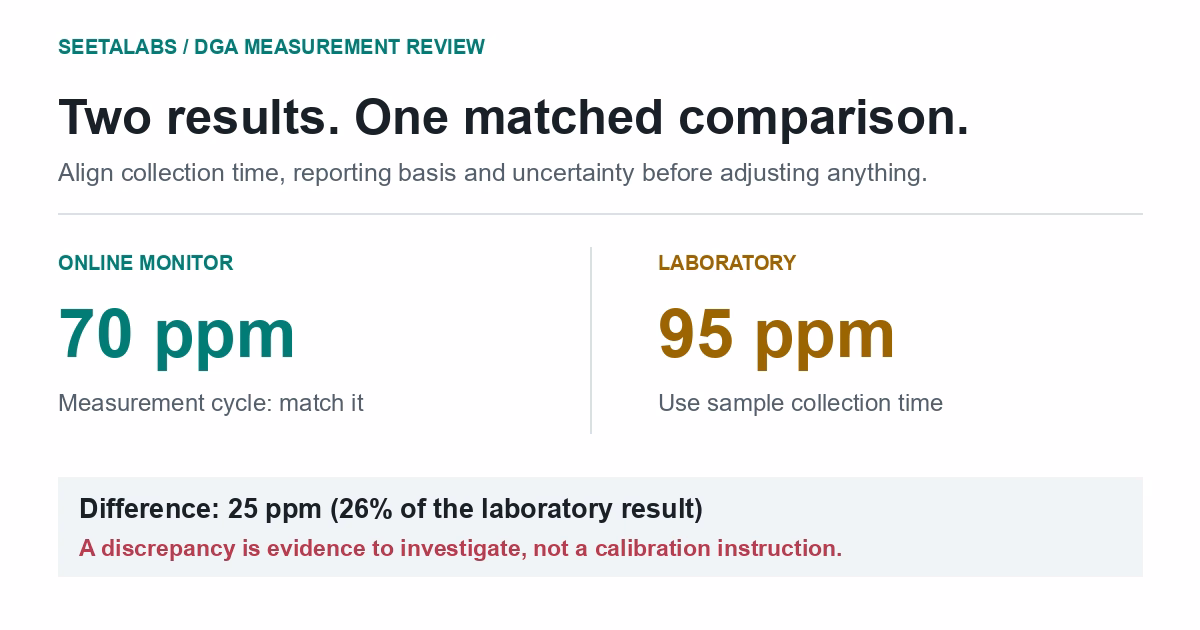 Hypothetical online monitor result of 70 ppm hydrogen compared with a laboratory result of 95 ppm, with a 25 ppm difference.