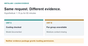 Two hypothetical units share a 1.15 per-unit, 90-minute proposed duty but differ in cooling, model and moisture evidence; neither is approved.