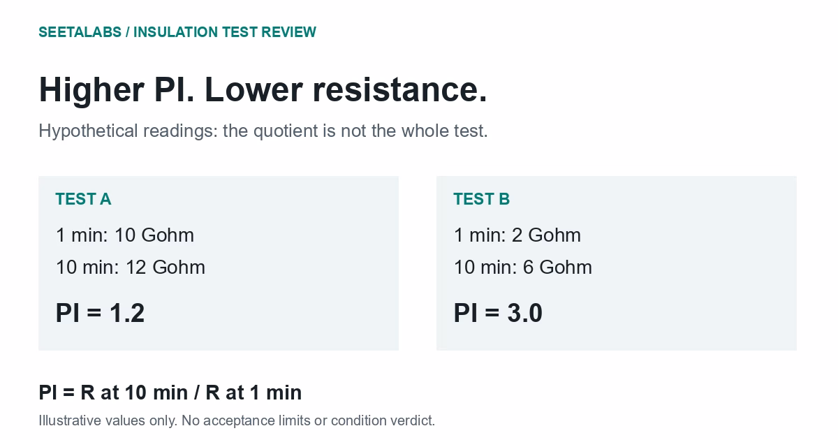 Hypothetical test A: 10 and 12 Gohm, PI 1.2; test B: 2 and 6 Gohm, PI 3.0. Both resistances fall while PI rises.