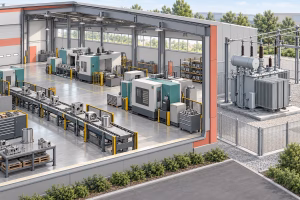 AI-generated cutaway illustration of an industrial production hall with machinery and a conveyor, beside a fenced transformer yard.