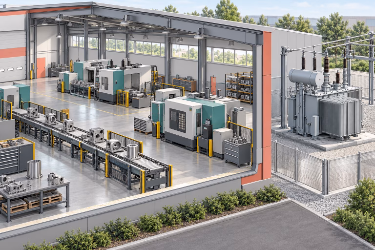 AI-generated cutaway illustration of an industrial production hall with machinery and a conveyor, beside a fenced transformer yard.