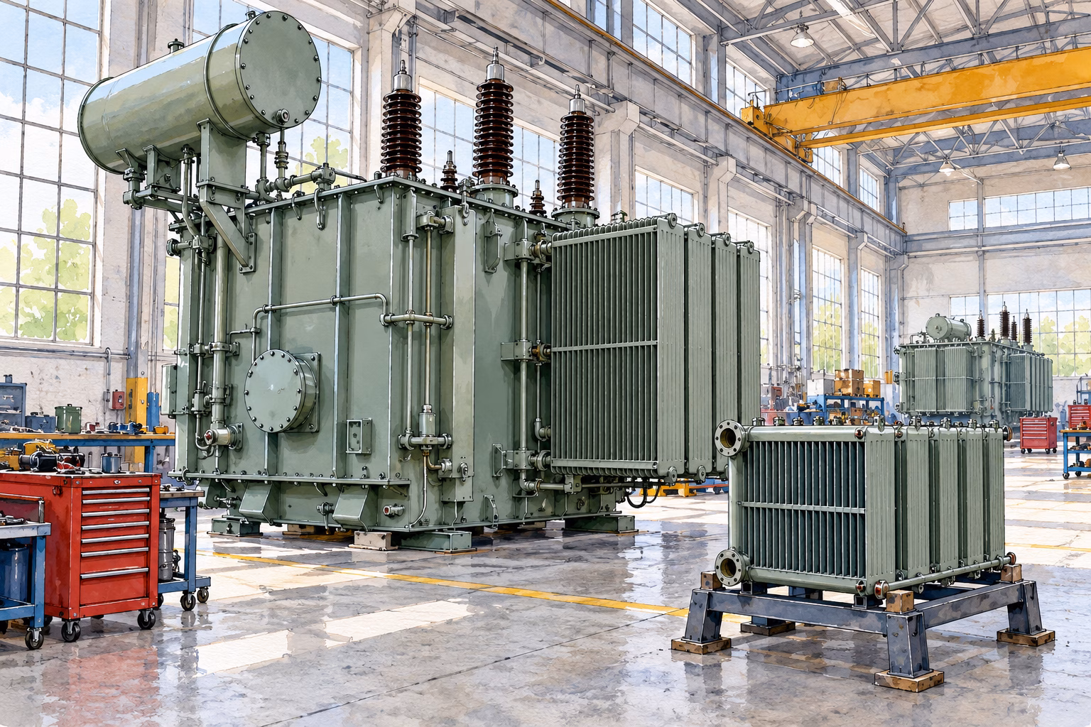 AI-generated illustration of a transformer in a bright workshop with a detached radiator bank on a low stand.