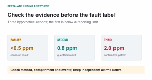 Three hypothetical acetylene reports: less than 0.5, 0.8 and 2.0 ppm, with the first marked as censored.