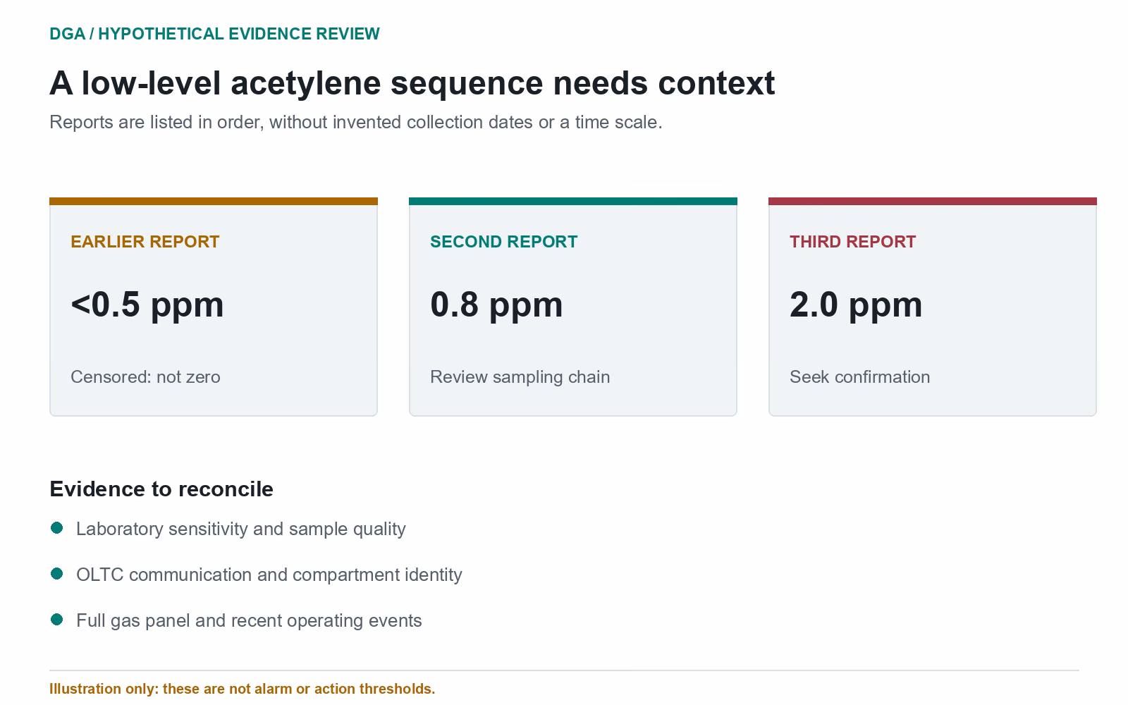 Three acetylene reports with prompts to review laboratory sensitivity, sampling, OLTC communication and operating events.
