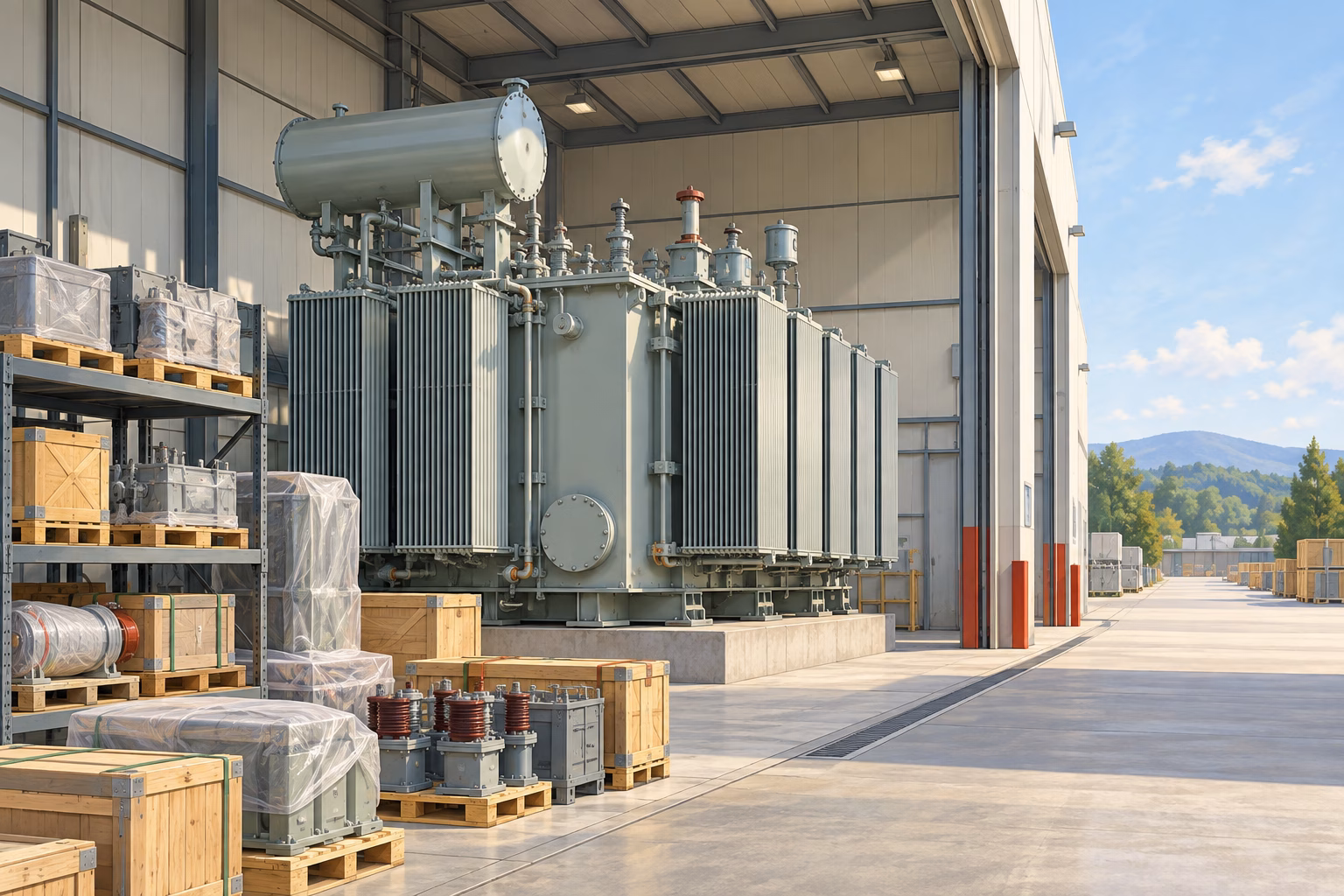 AI-generated illustration of a spare transformer in a depot beside racks, wrapped ancillary equipment and crates.