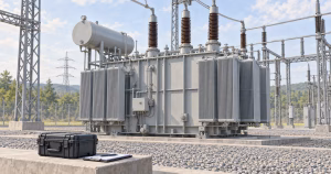 AI-generated illustration of a grey power transformer with cooling radiators and bushings in a substation, with a closed field case and clipboard in the foreground.