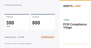 PCB Compliance Triage tutorial cover showing a hypothetical 350 mg per kg PCB result in 800 litres of oil