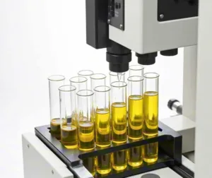 Laboratory sample tubes containing amber liquid beneath analytical equipment.